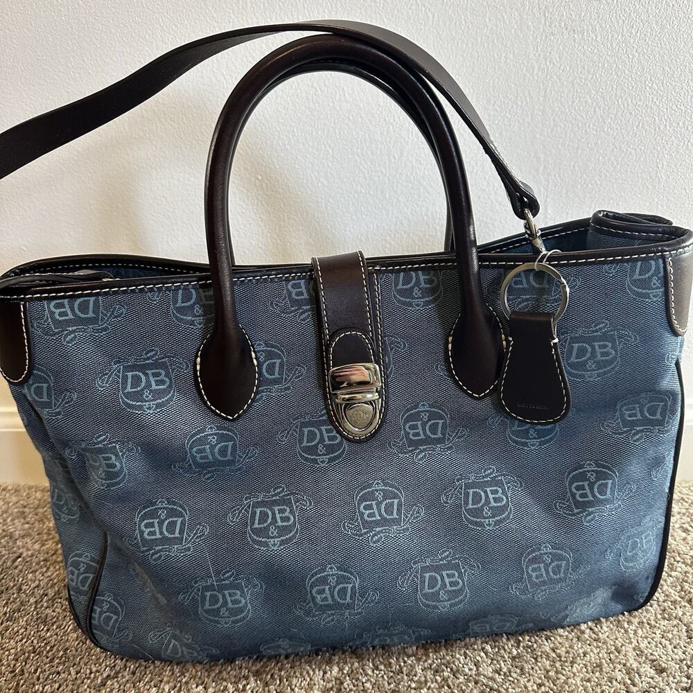 Vintage Dooney & Bourke Signature Double Handle Tote Bag Monogram Satchel Blue